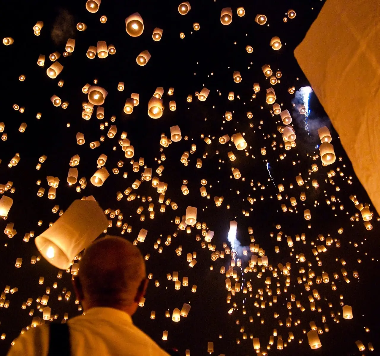 Sky lanterns floating into the night