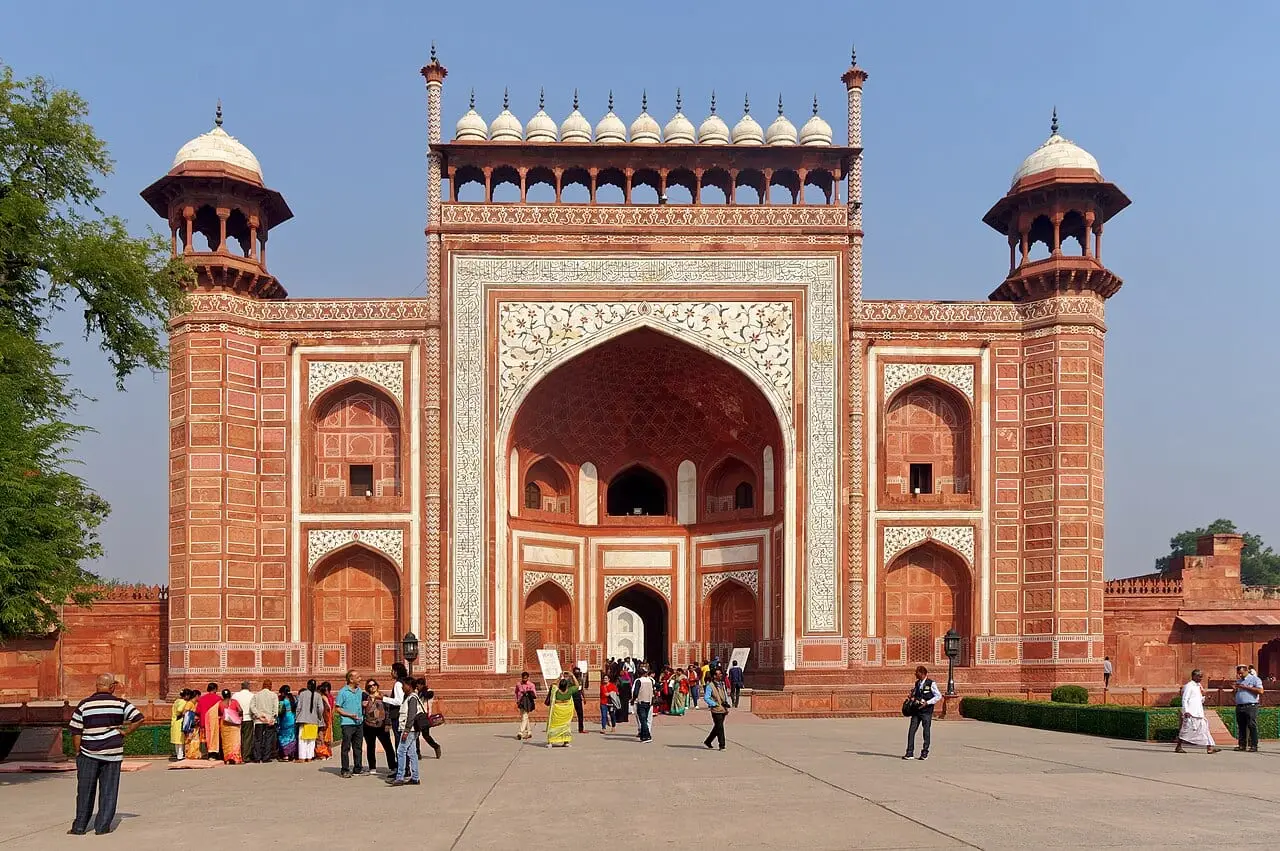 The red-sandstone gateway to the Taj Mahal