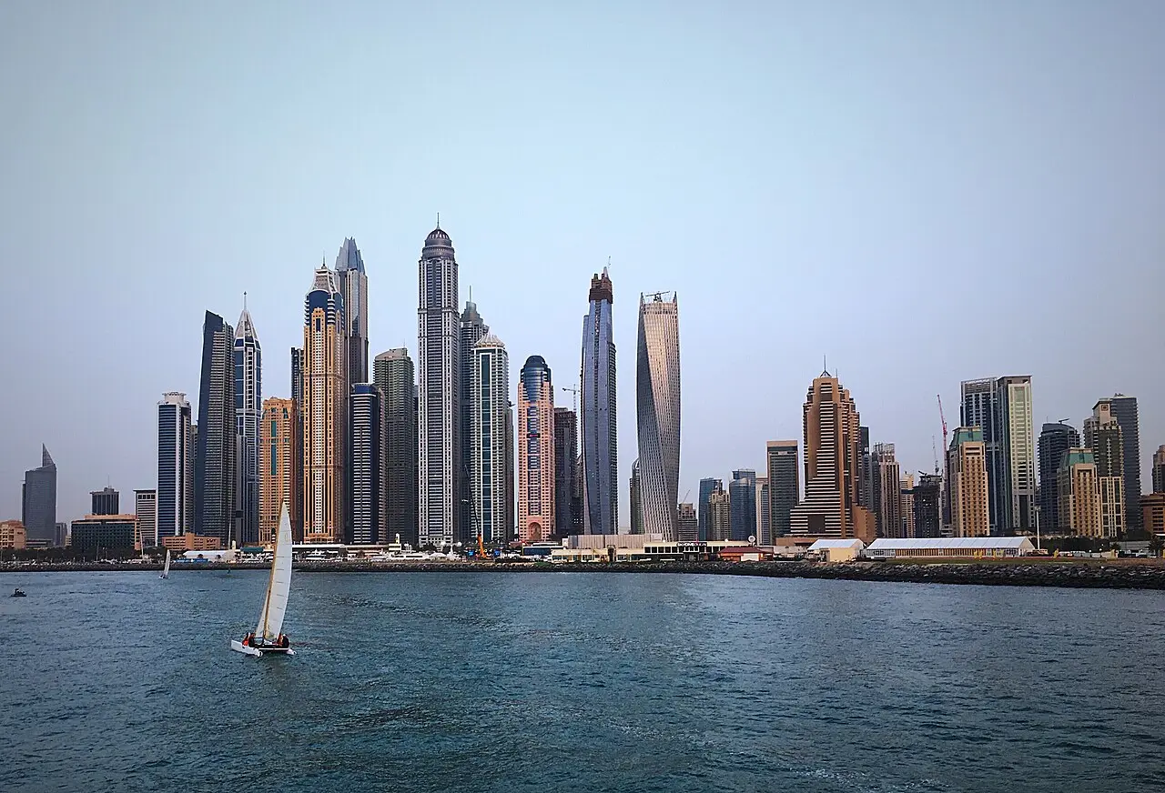 The Dubai Marina skyline seen from the deck of a yacht