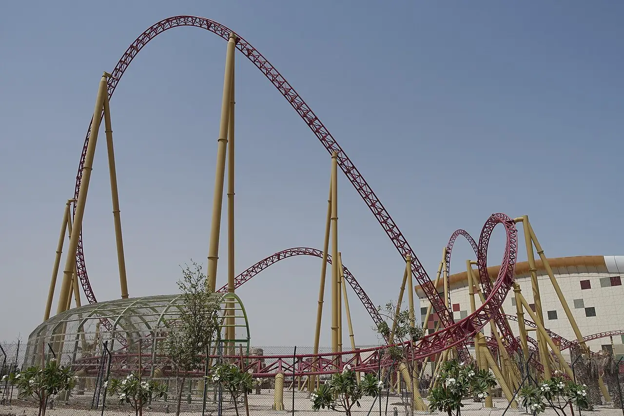 The red Velociraptor roller coaster at IMG Worlds of Adventure