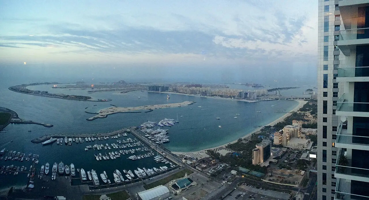 The Palm Jumeirah stretching out to sea, seen from Dubai Marina