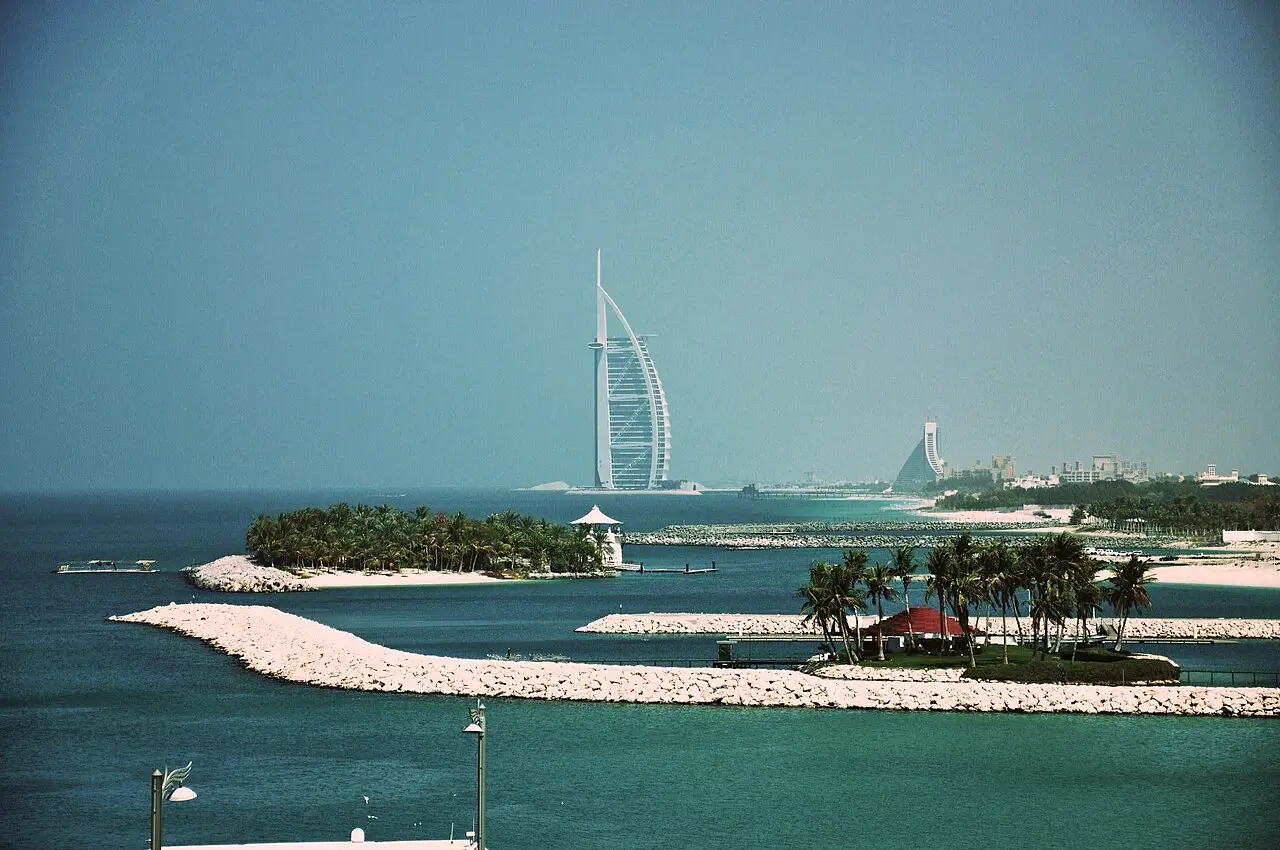 Palm Jumeirah coastline with the Burj Al Arab in the distance
