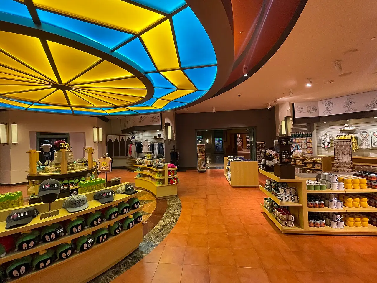 Colourful glass dome and shops inside Warner Bros. World Abu Dhabi