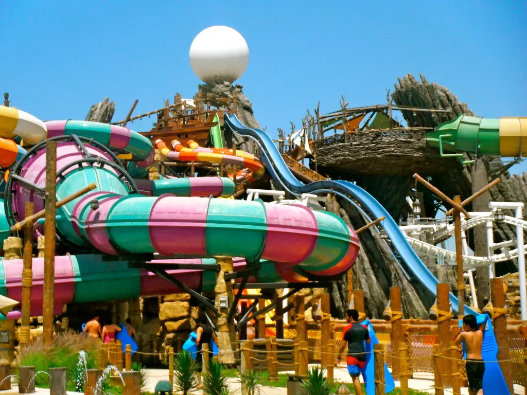 Colourful water slides and towers at Yas Waterworld