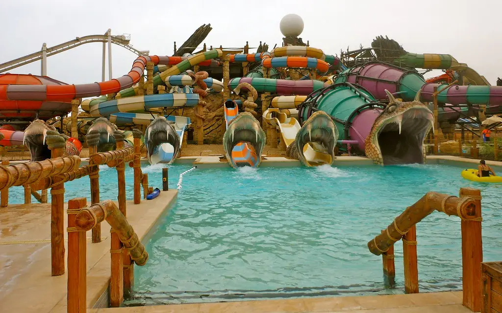 A splash pool at the foot of the slides in Yas Waterworld