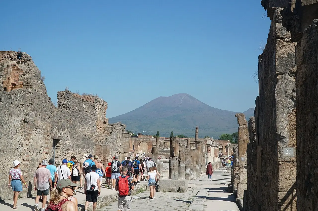 A street in Pompeii with Vesuvius ahead