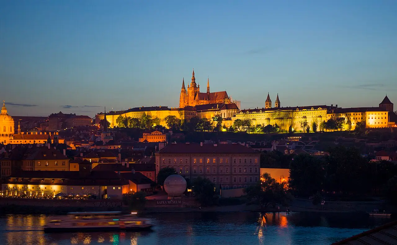 Prague Castle above the Vltava at dusk