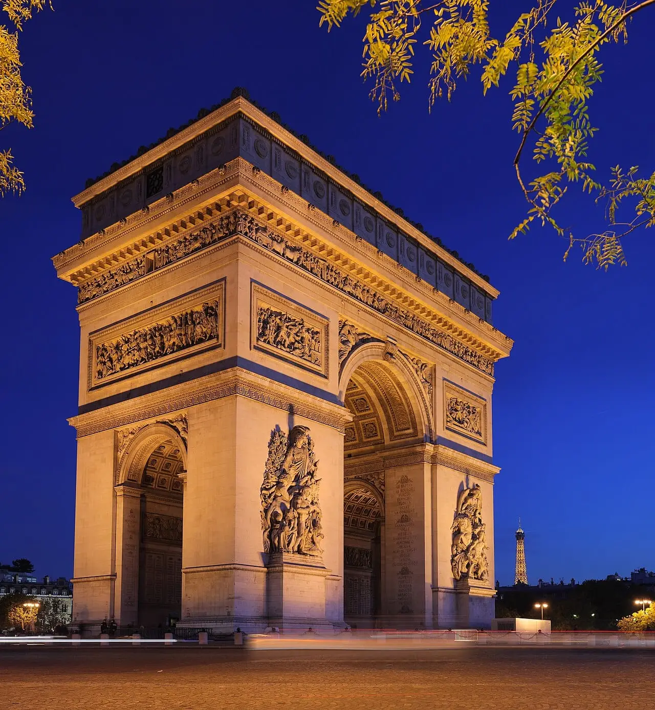 The Arc de Triomphe lit up at night