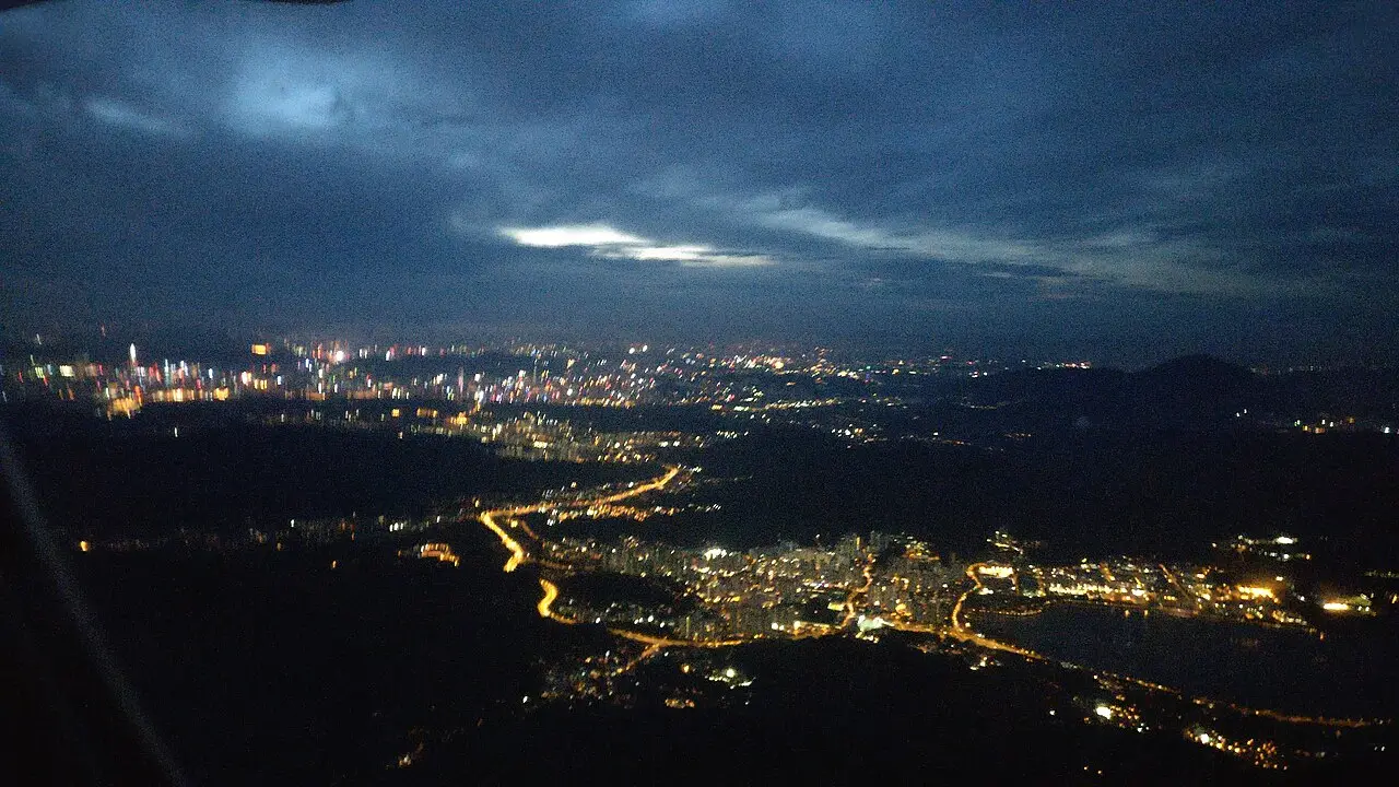 Hong Kong's lights seen from the air at night