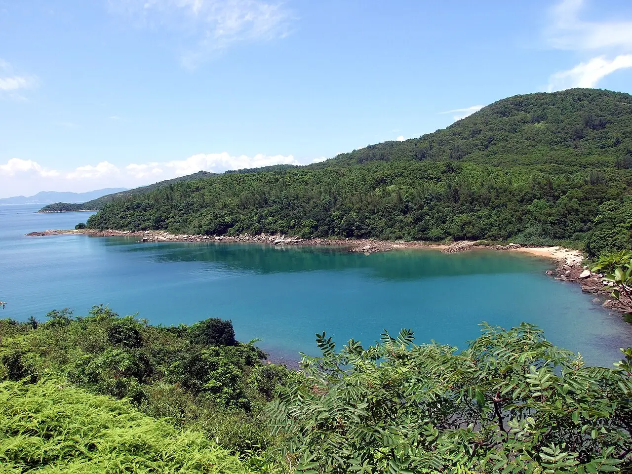 The green Wan Tsai peninsula and clear water near Hoi Ha