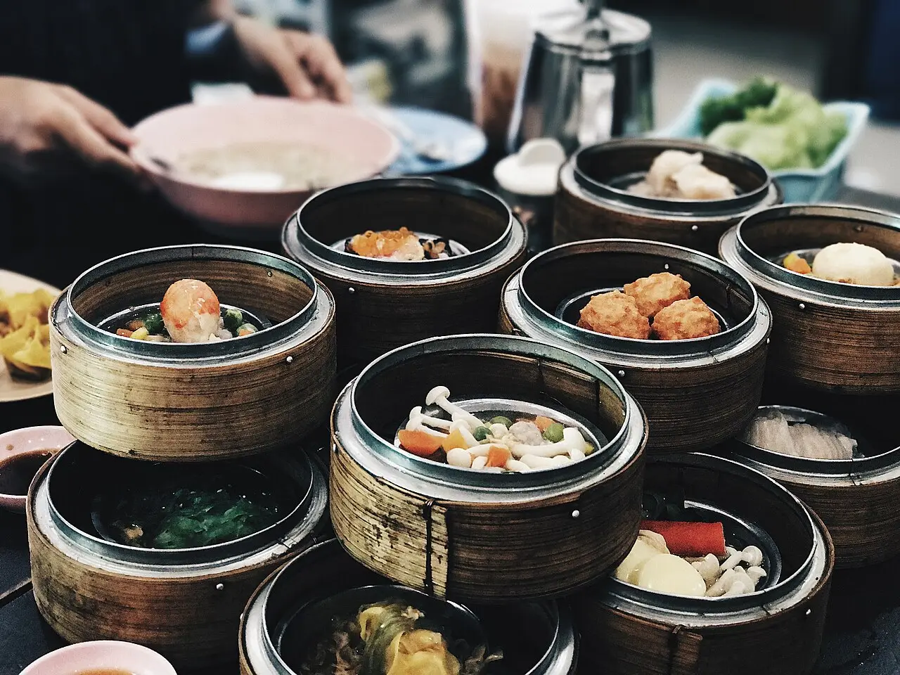Bamboo steamers of dim sum on a Hong Kong table