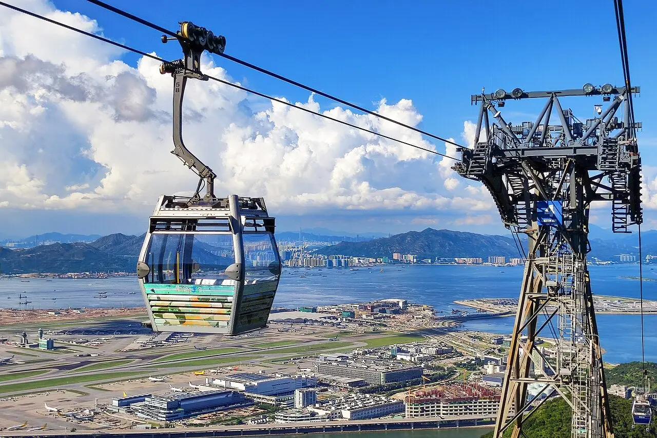 A Ngong Ping 360 cable car leaving Tung Chung