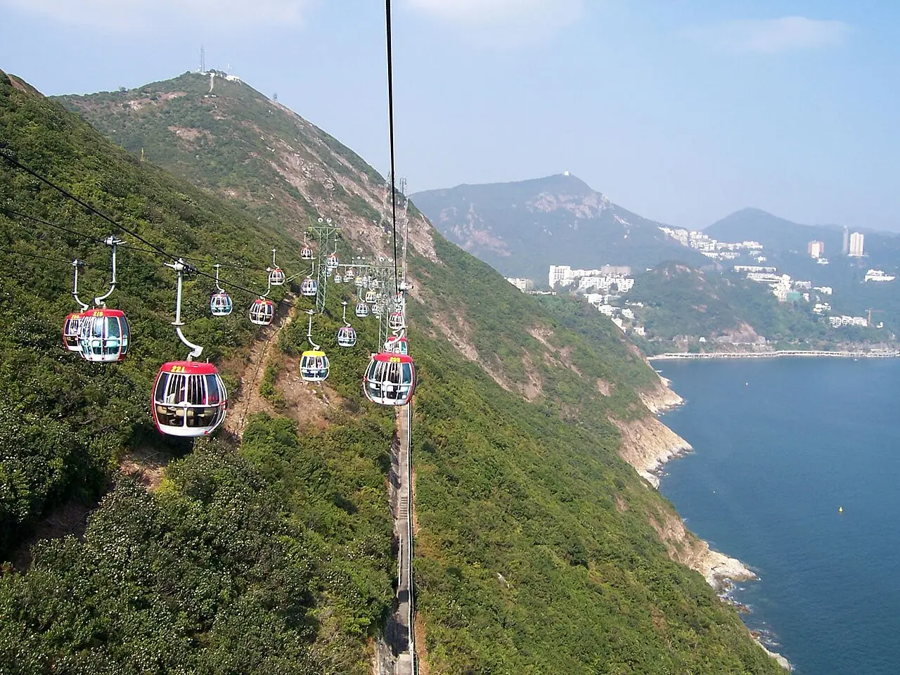 Ocean Park cable cars climbing the headland above the sea