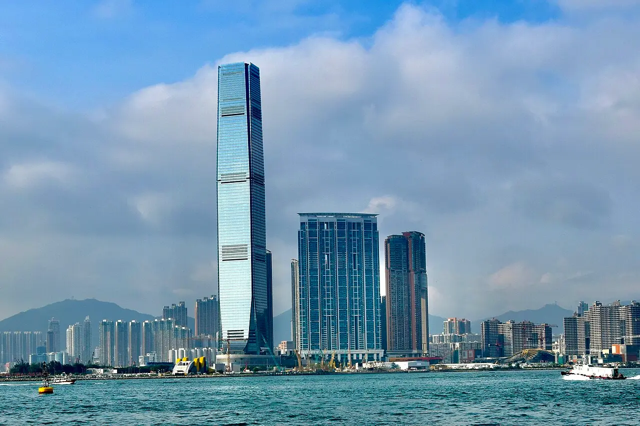 The ICC tower, home of sky100, rising over the West Kowloon waterfront