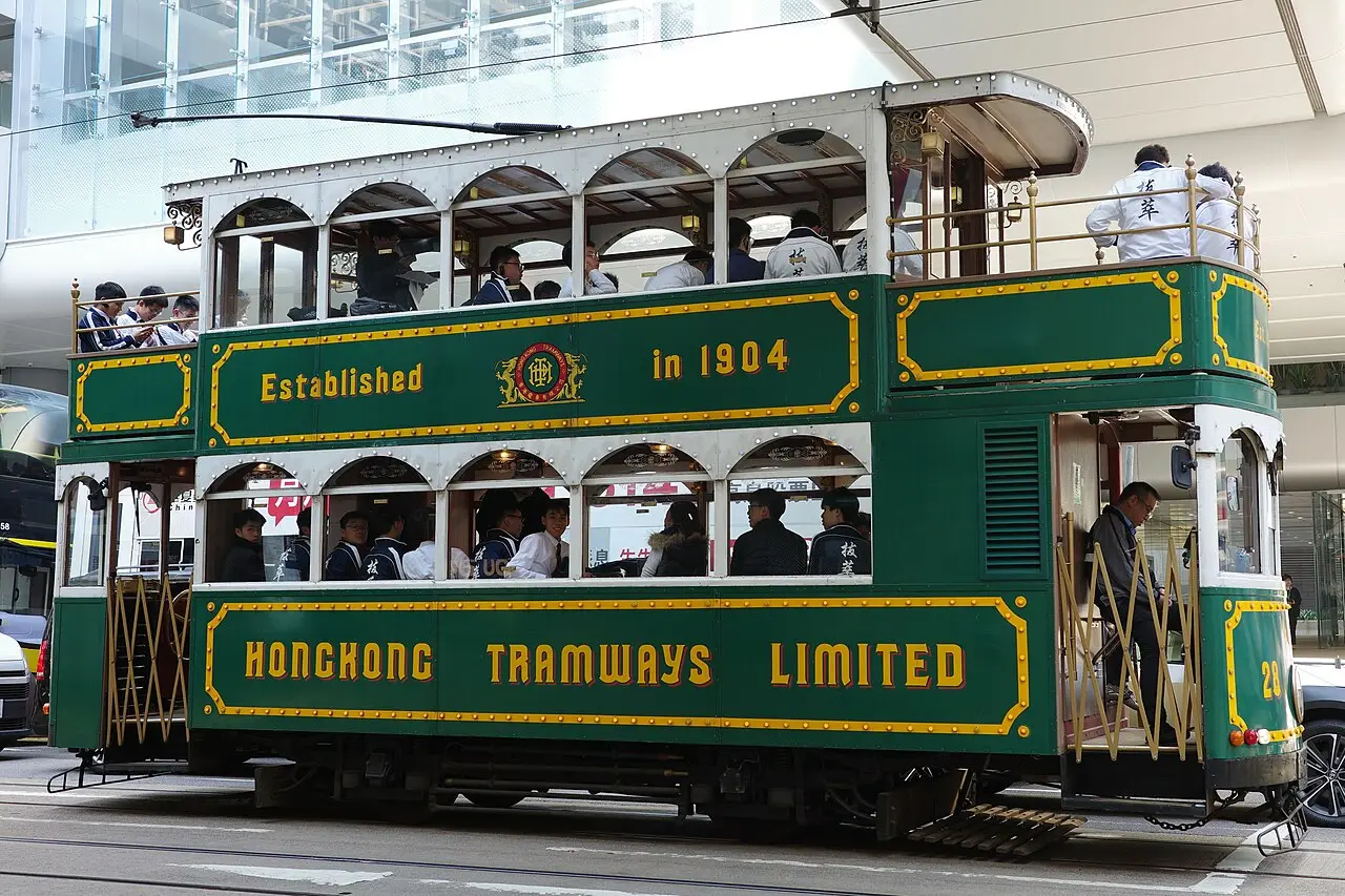 The vintage-style Hong Kong Tramways open-balcony tram