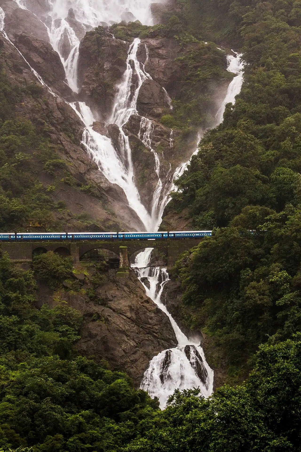 A train crossing the face of Dudhsagar falls
