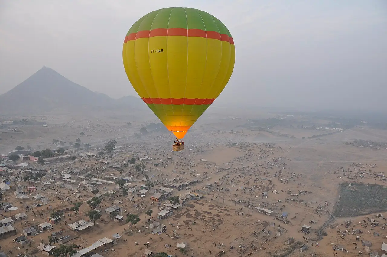 A hot air balloon over the plains near Jaipur