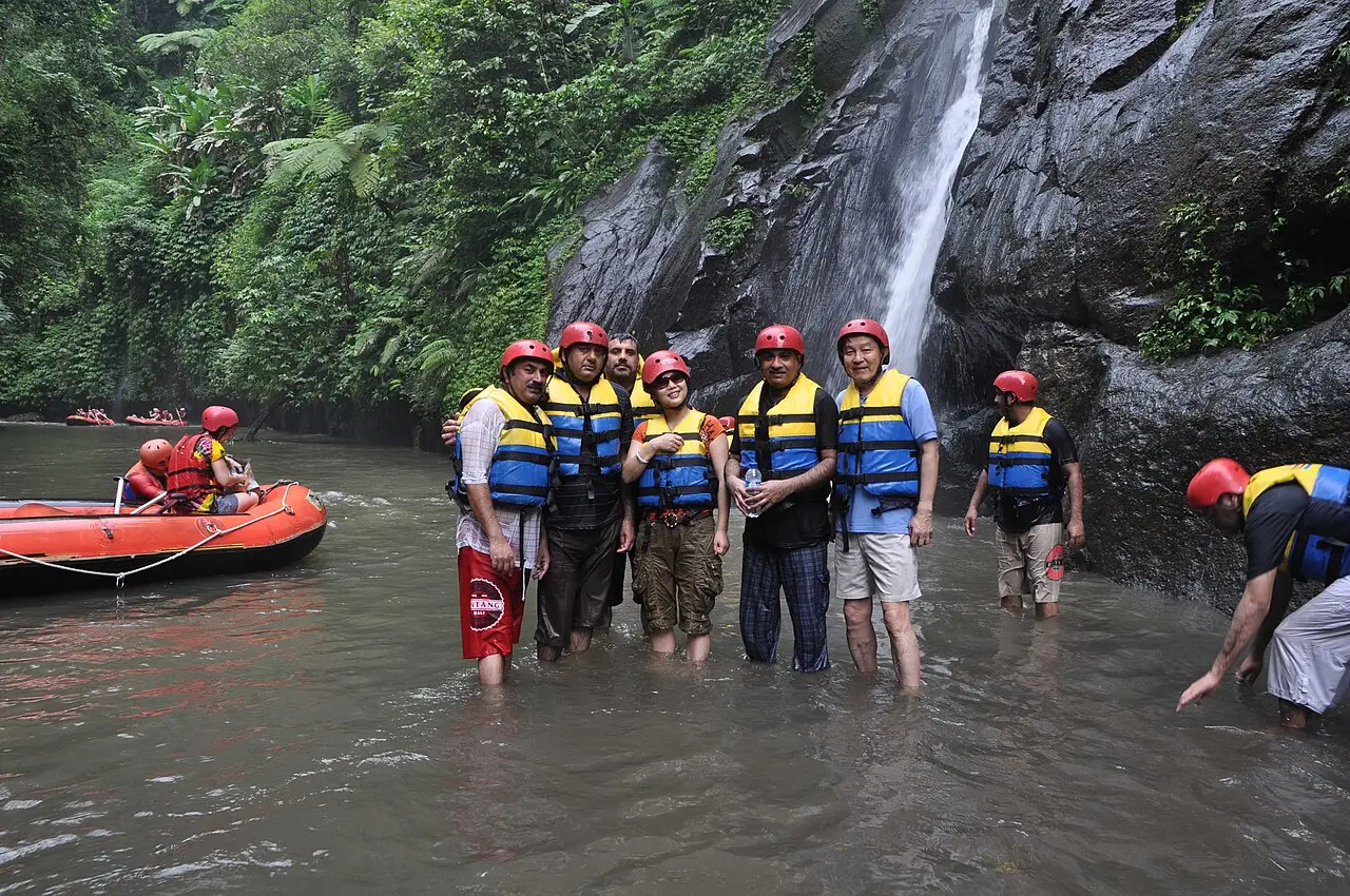 Rafters by a waterfall on the Ayung River