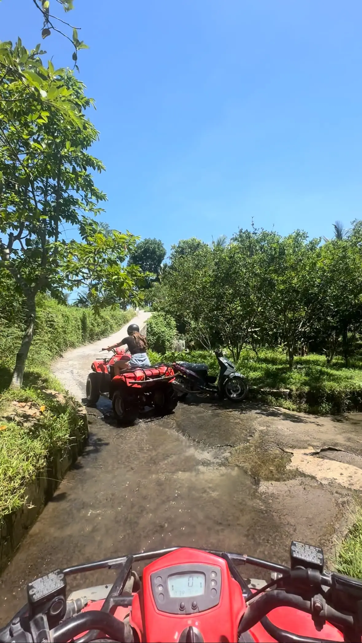 A quad bike on a dirt track through the trees in Bali
