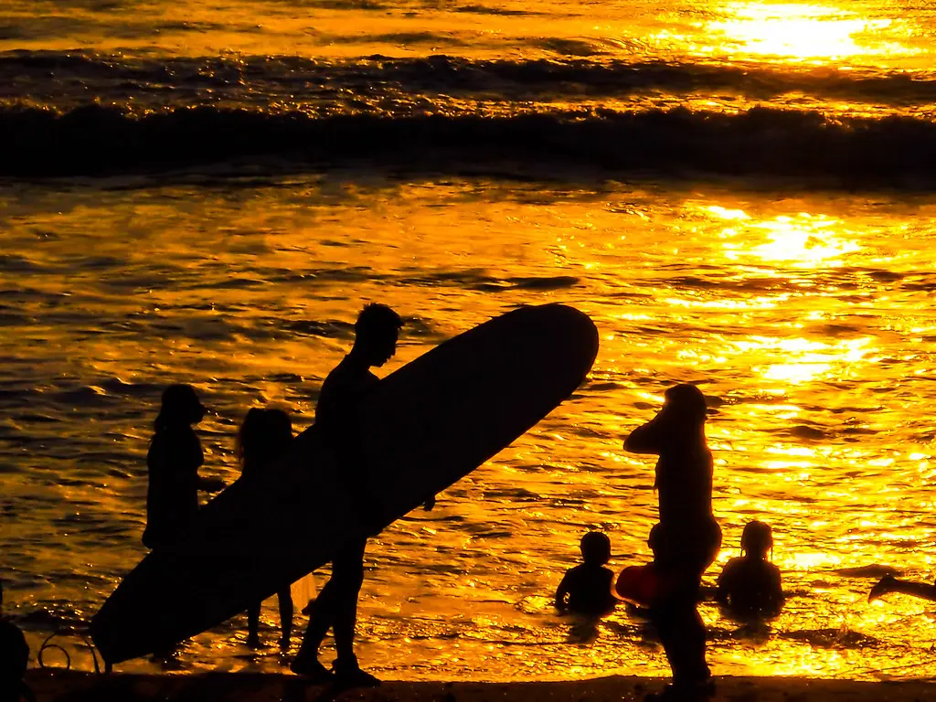 Surfers with boards at sunset