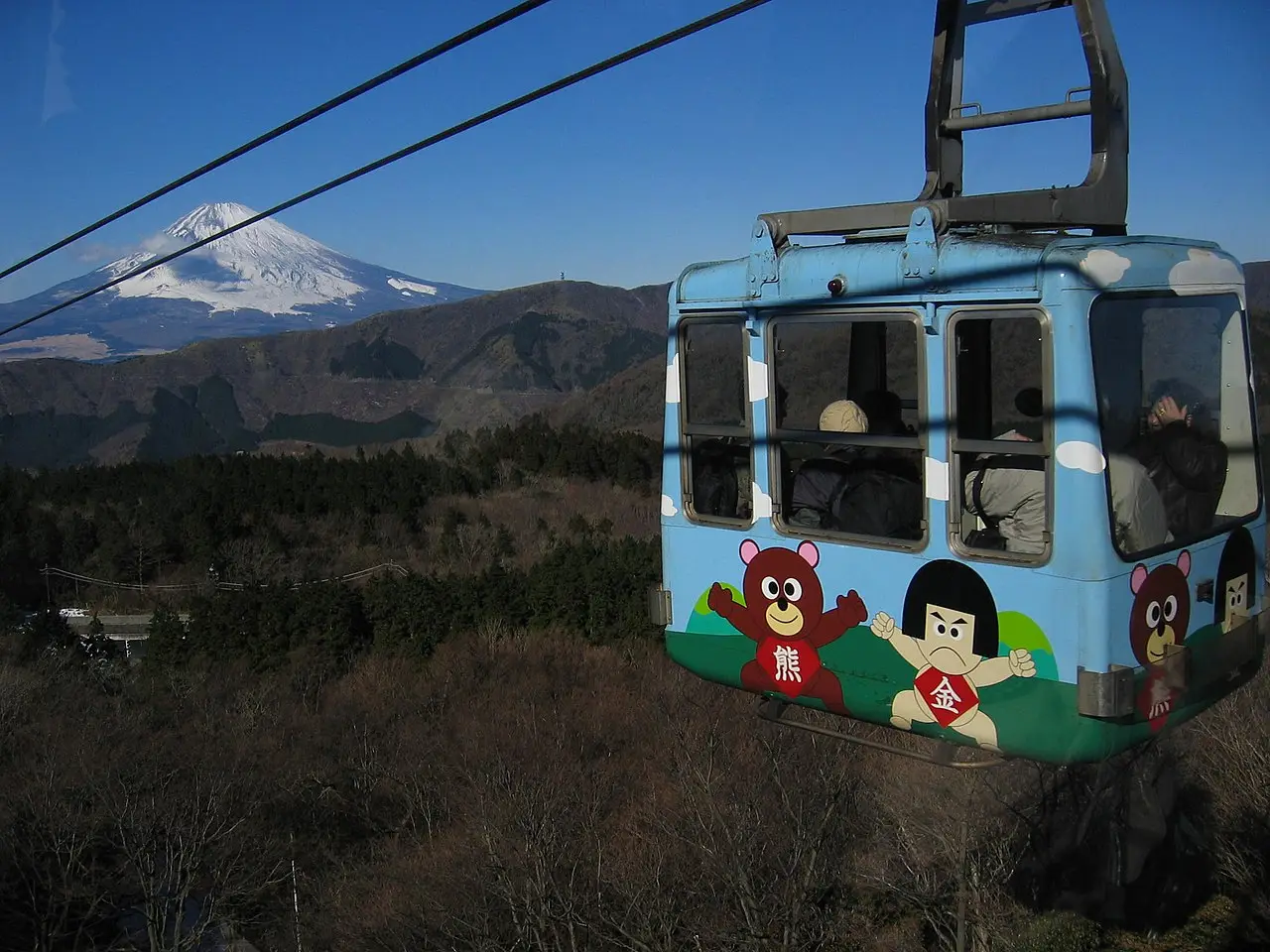 A Hakone Ropeway gondola with Mount Fuji behind