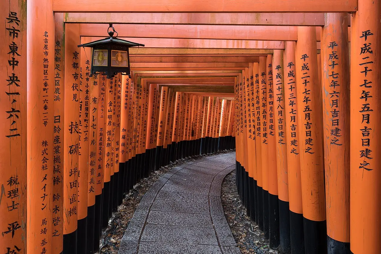 A path through the vermilion torii gates of Fushimi Inari Taisha