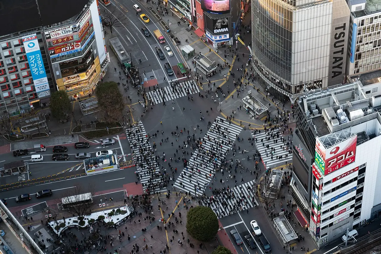 Looking straight down on the Shibuya Crossing from Shibuya Sky