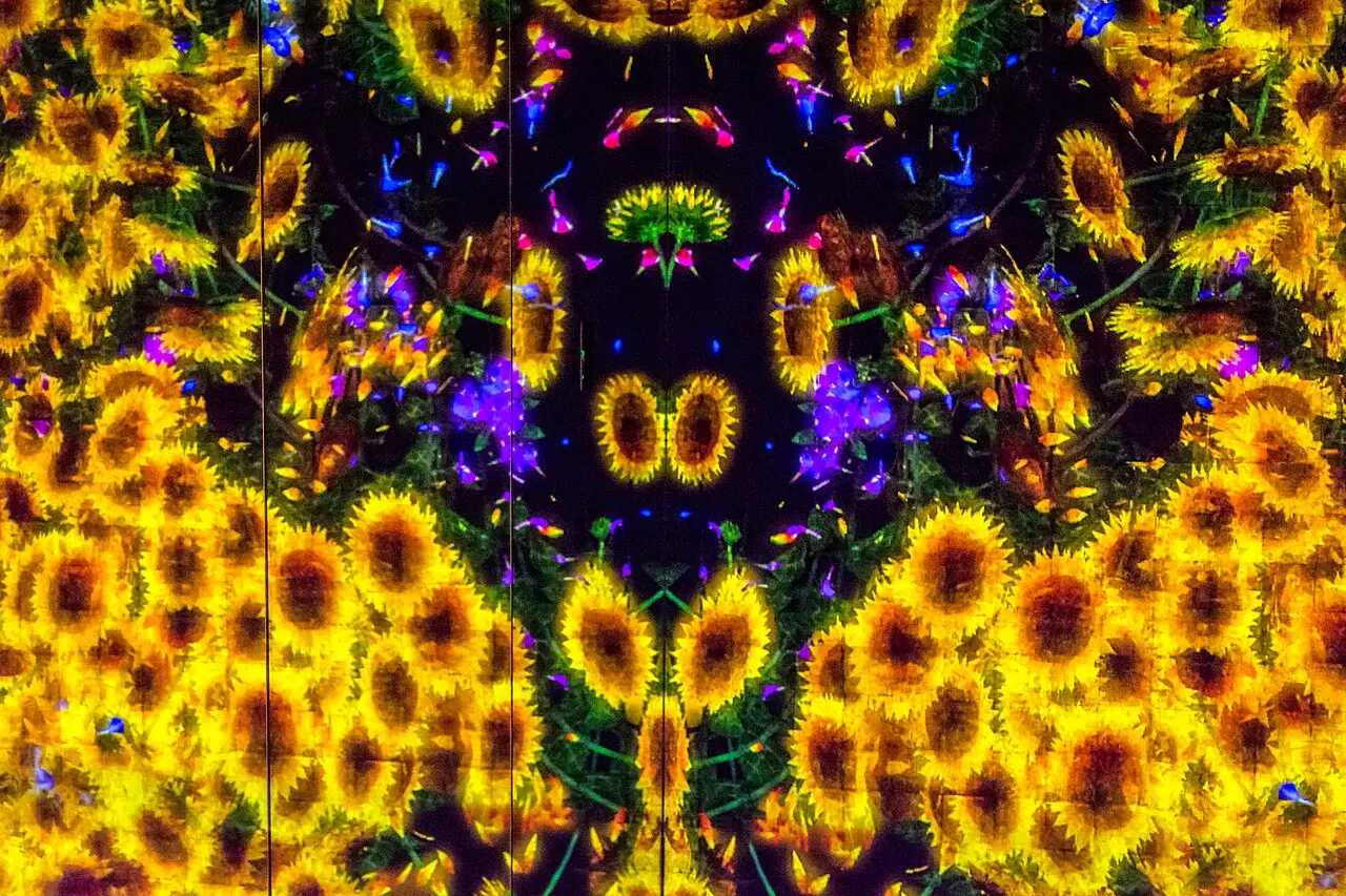A kaleidoscope of sunflowers in a mirrored room