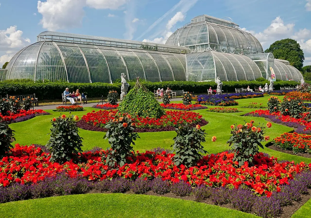 The Palm House and flowerbeds at Kew Gardens