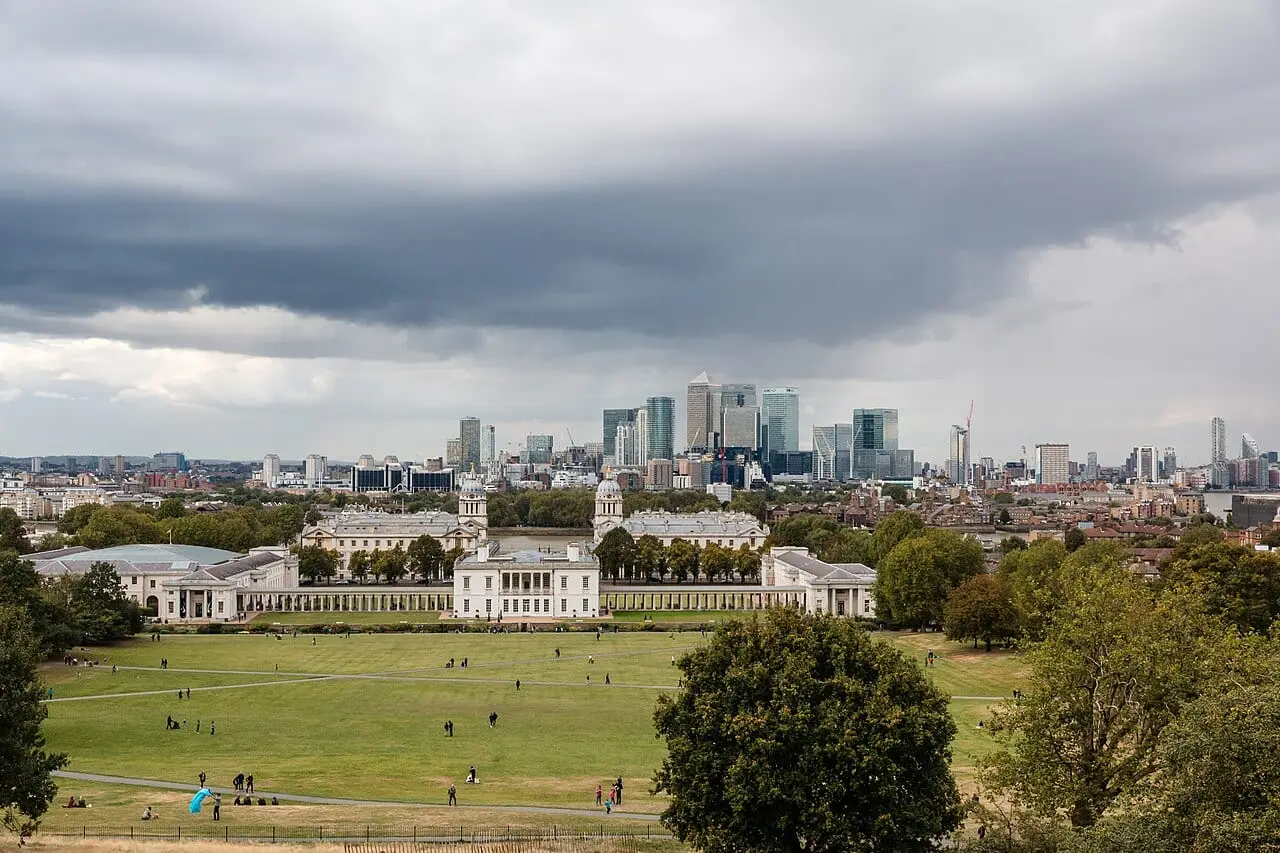 The view over Greenwich and Canary Wharf from the observatory hill