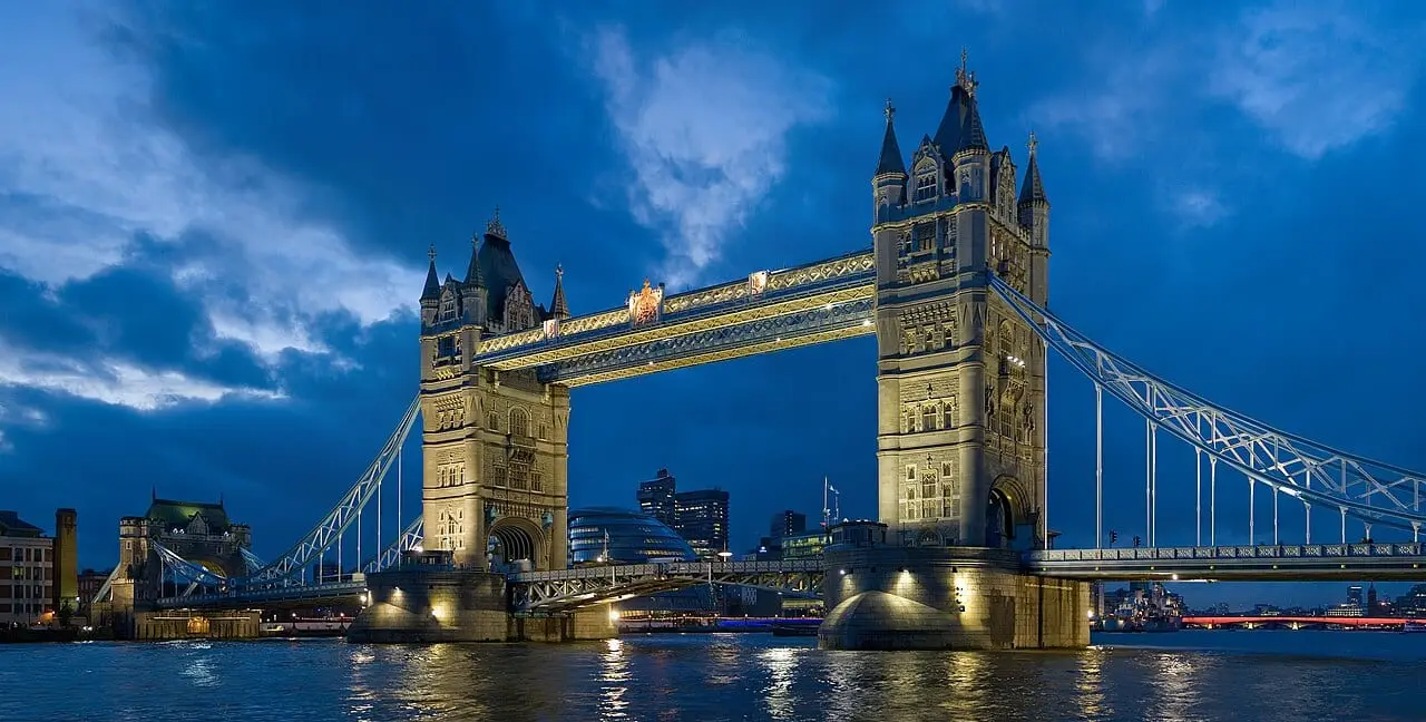Tower Bridge lit up at dusk