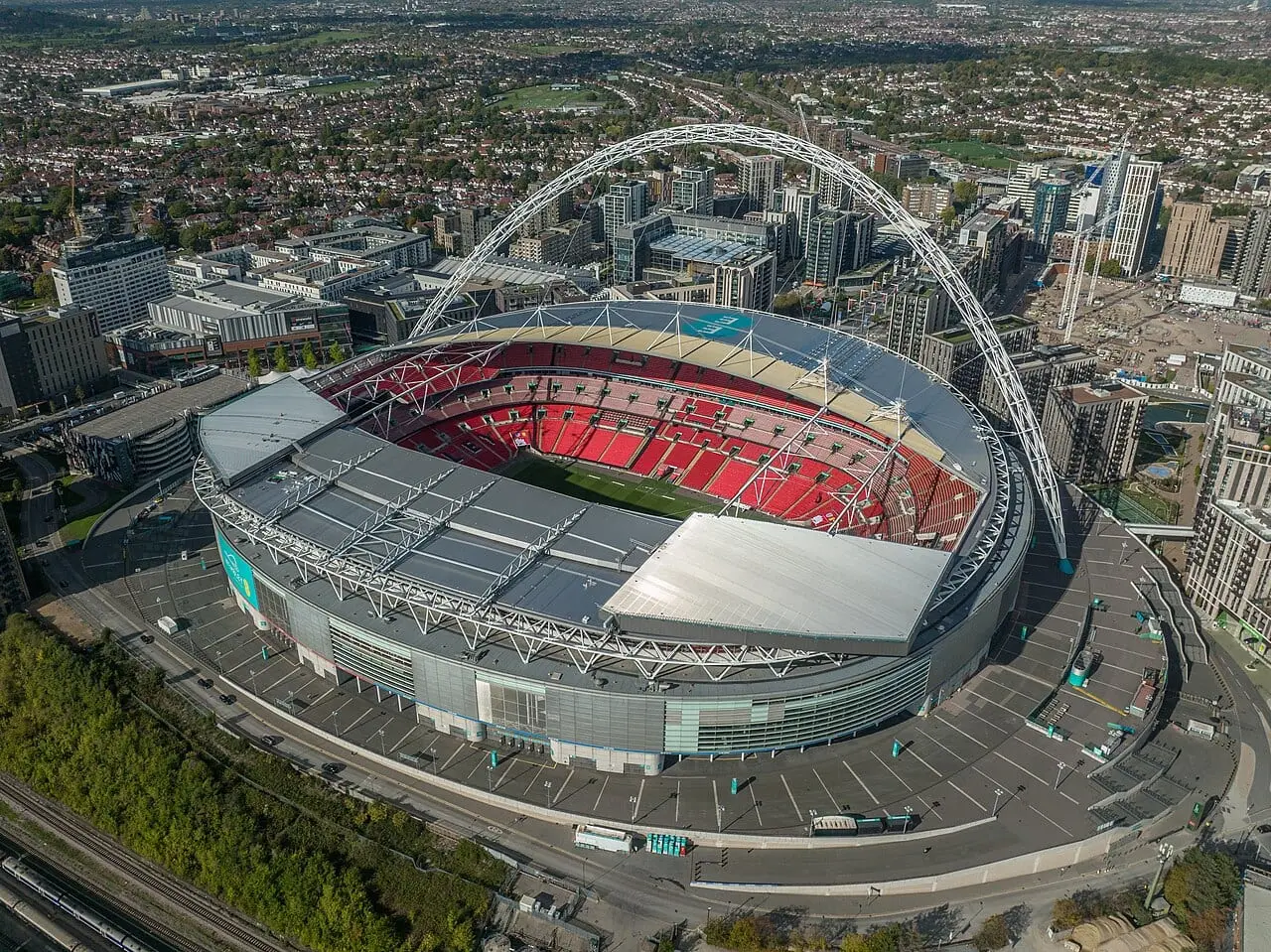Wembley Stadium and its arch from the air