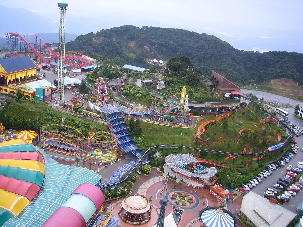 Rides and coasters of the theme park from above