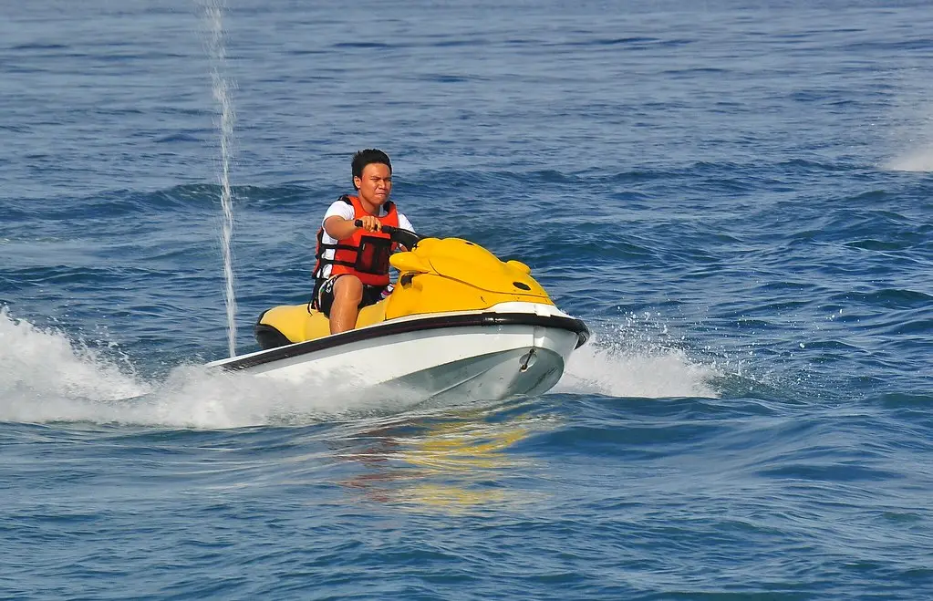 A rider on a jet ski at speed