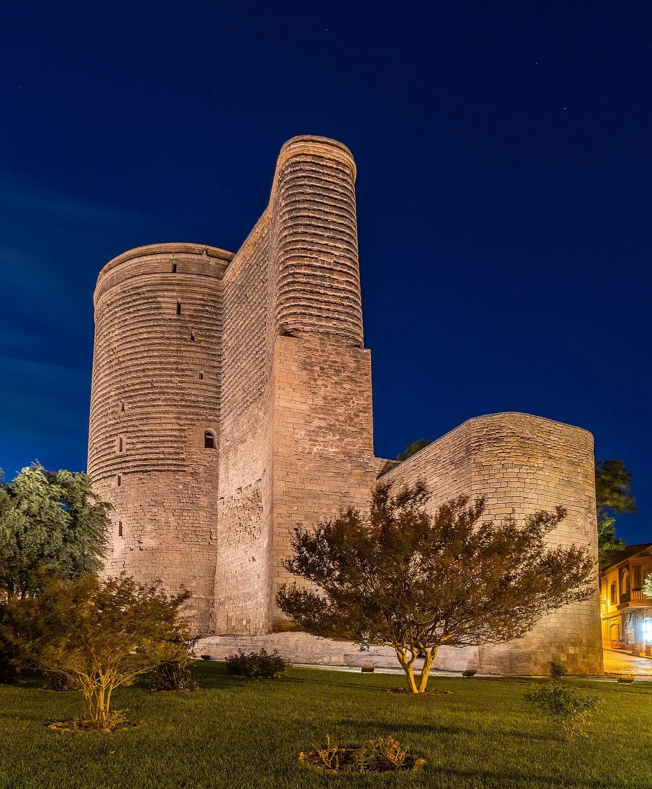 The Maiden Tower in Baku's Old City at dusk