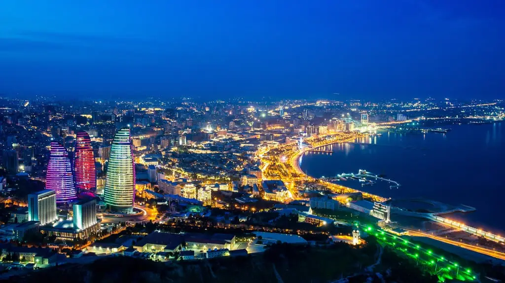 Baku and its bay lit up at night