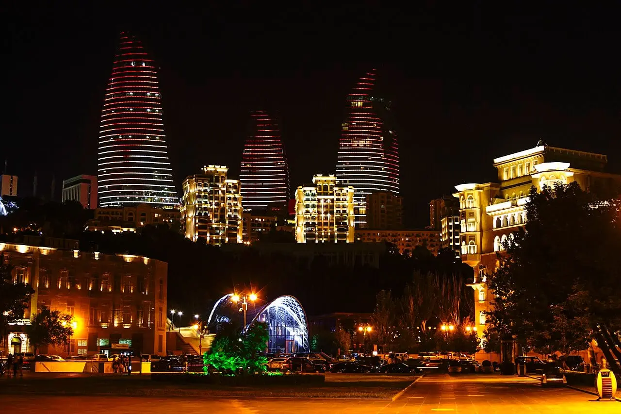 The Flame Towers illuminated at night