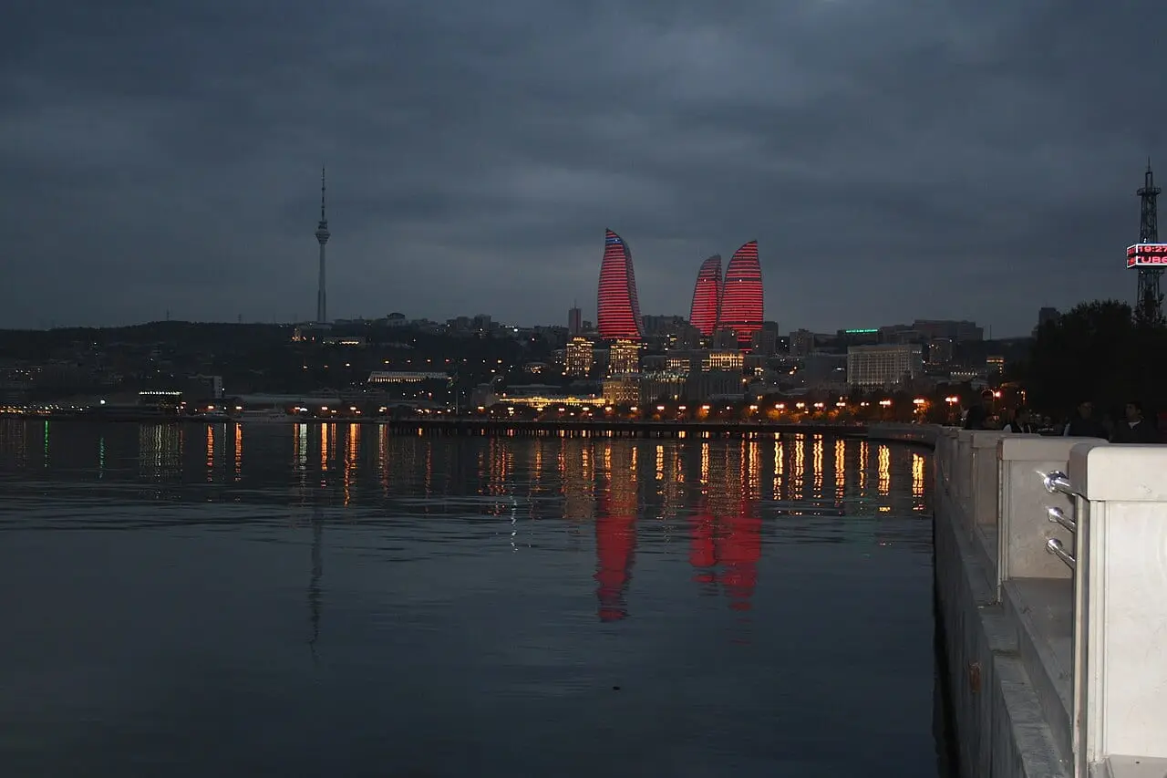 The Flame Towers reflected in the Caspian Sea