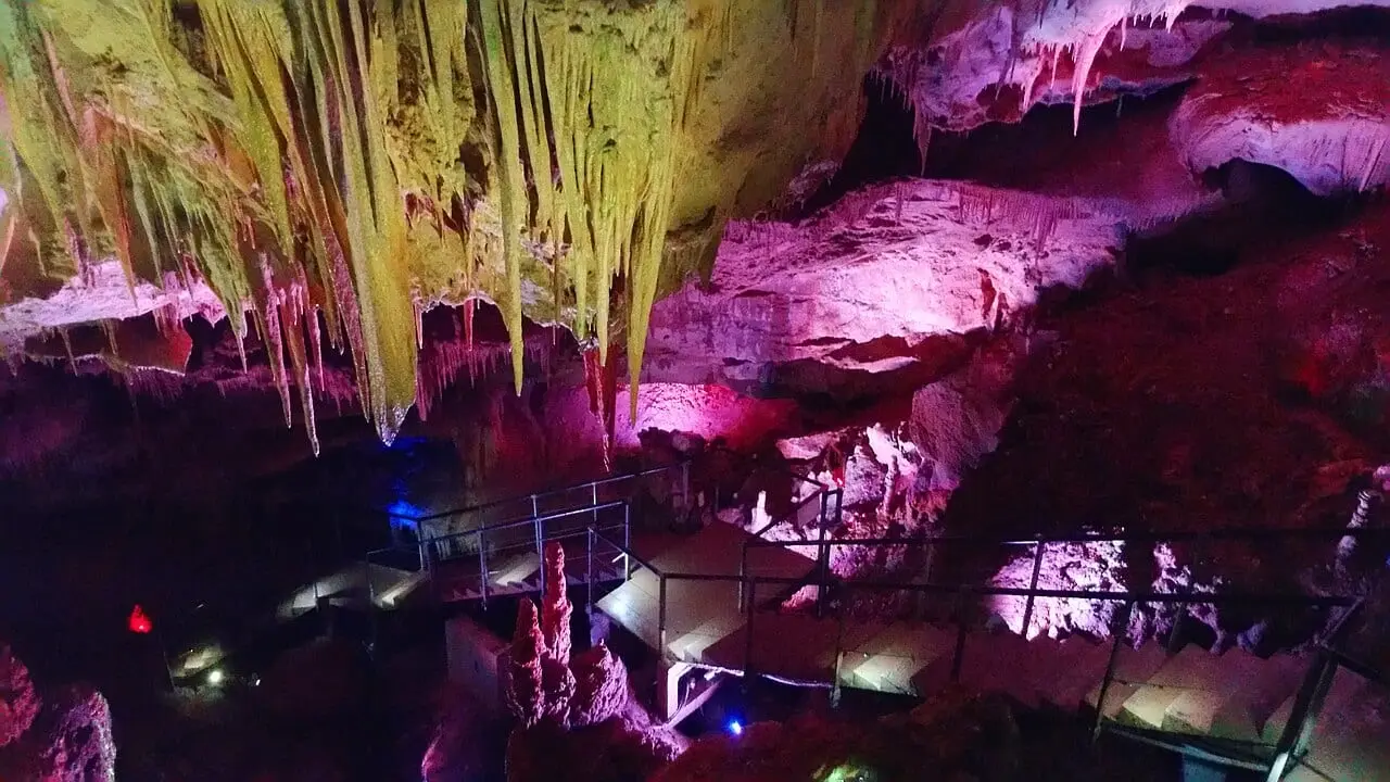 Coloured lights inside Prometheus Cave
