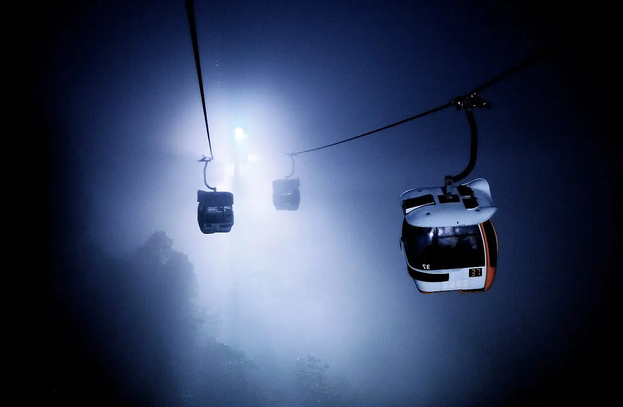 Genting Highlands cable cars in the mist at night