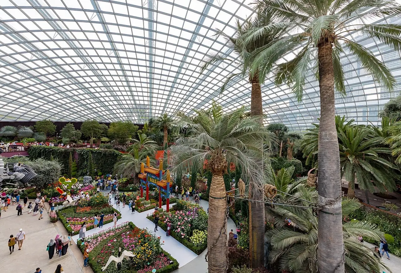 Palms and flower beds under the glass roof of the Flower Dome
