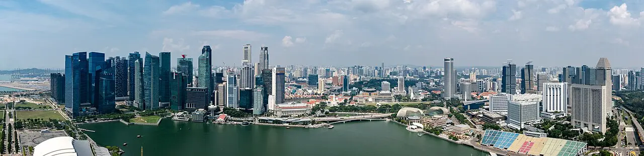 The Marina Bay skyline seen from high above the bay