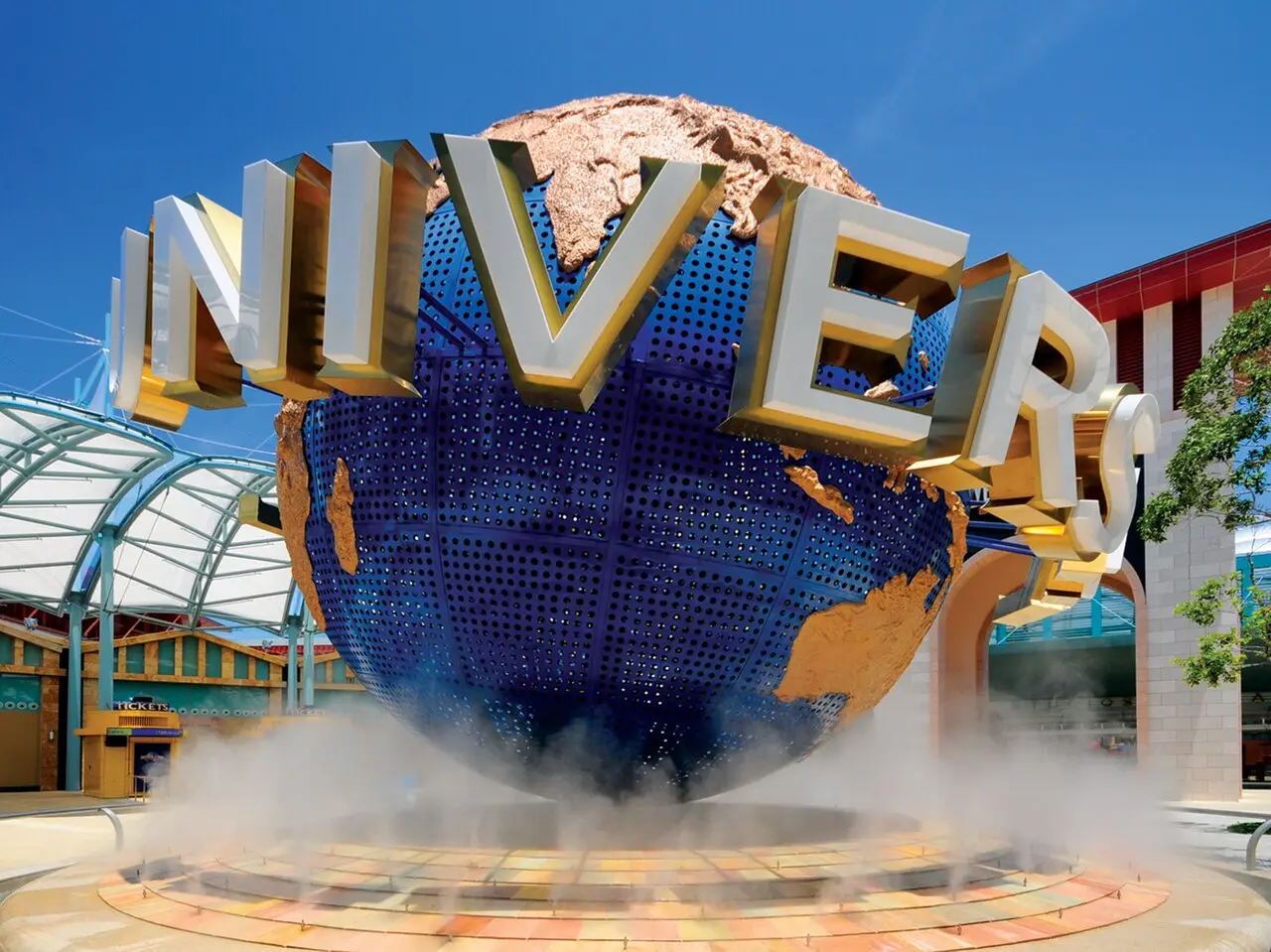 The rotating Universal globe at the entrance of Universal Studios Singapore