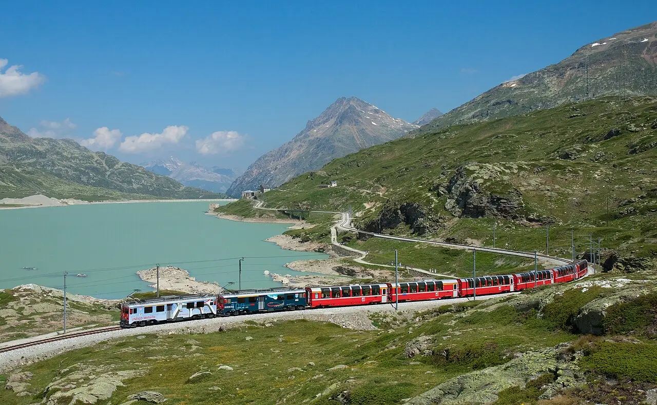 The Bernina Express beside Lago Bianco