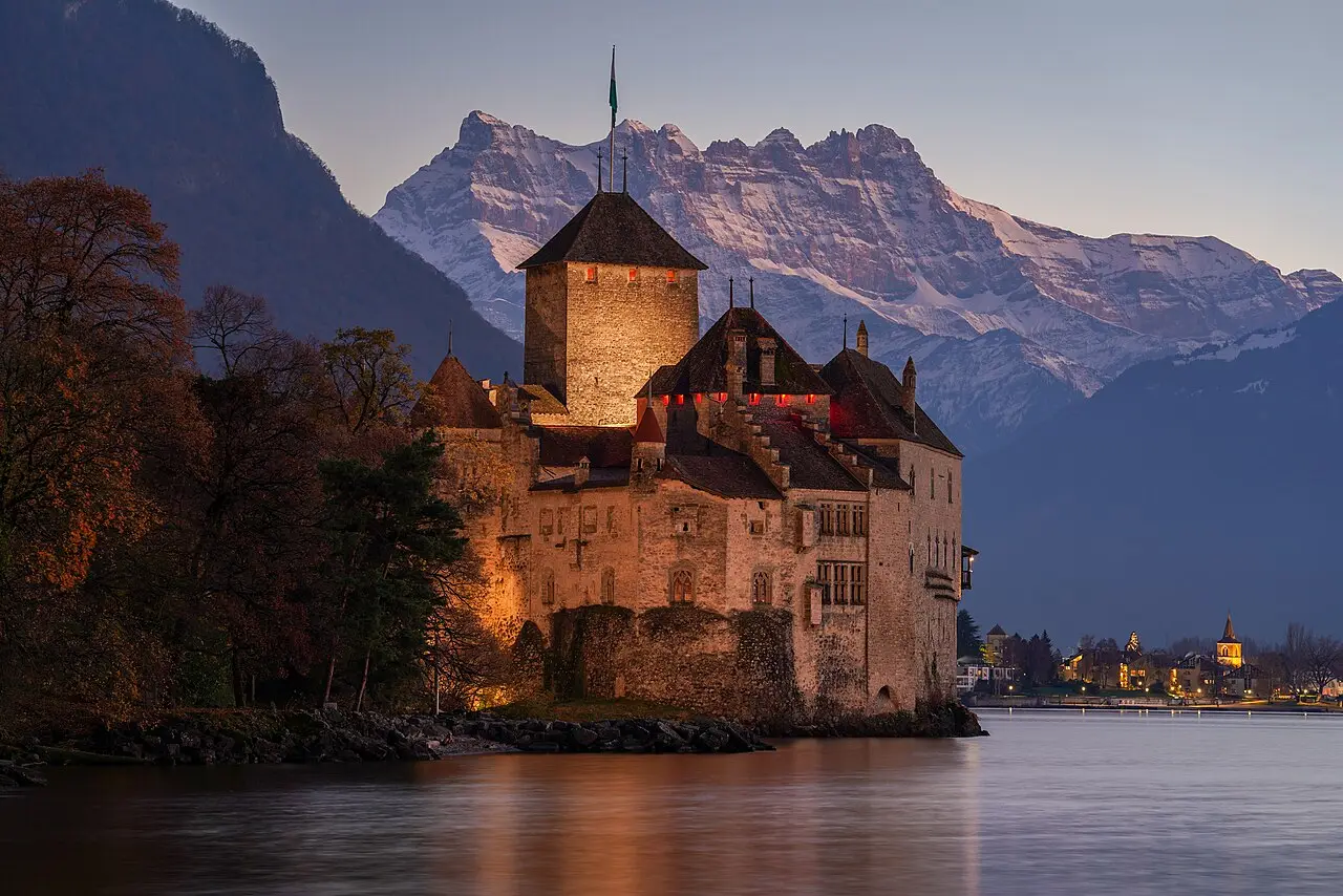 Chillon Castle lit up at night