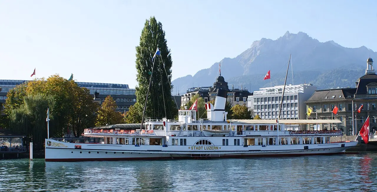 A paddle steamer on Lake Lucerne with Pilatus behind
