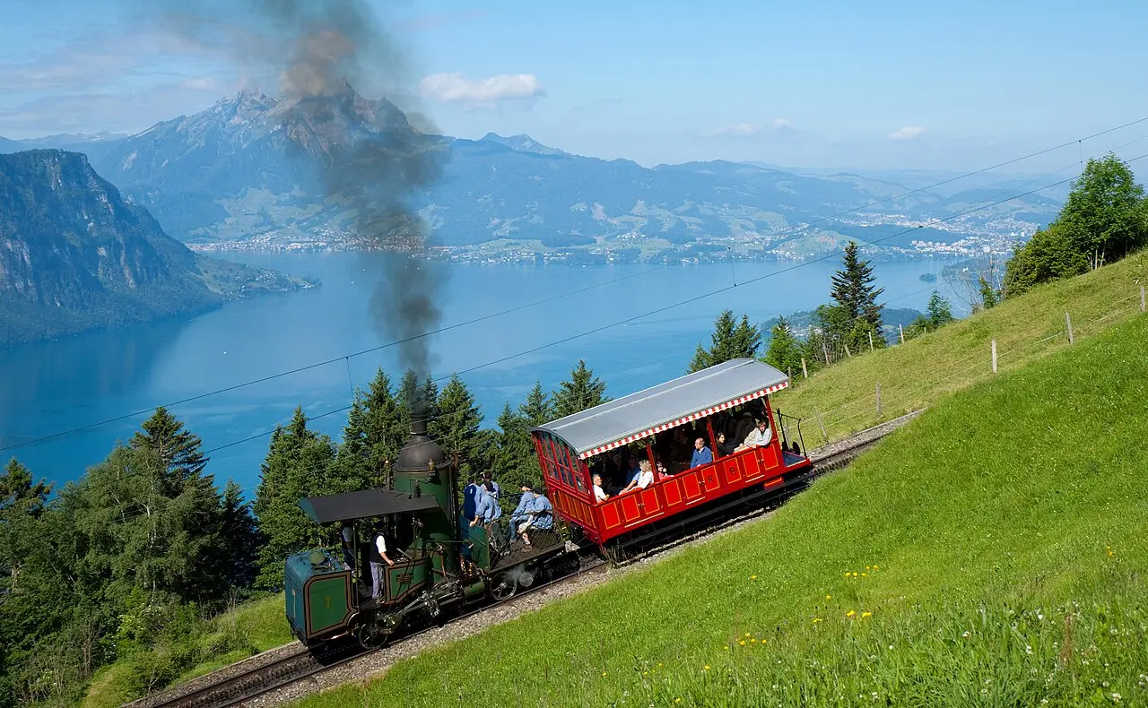 A Rigi railway train above Lake Lucerne