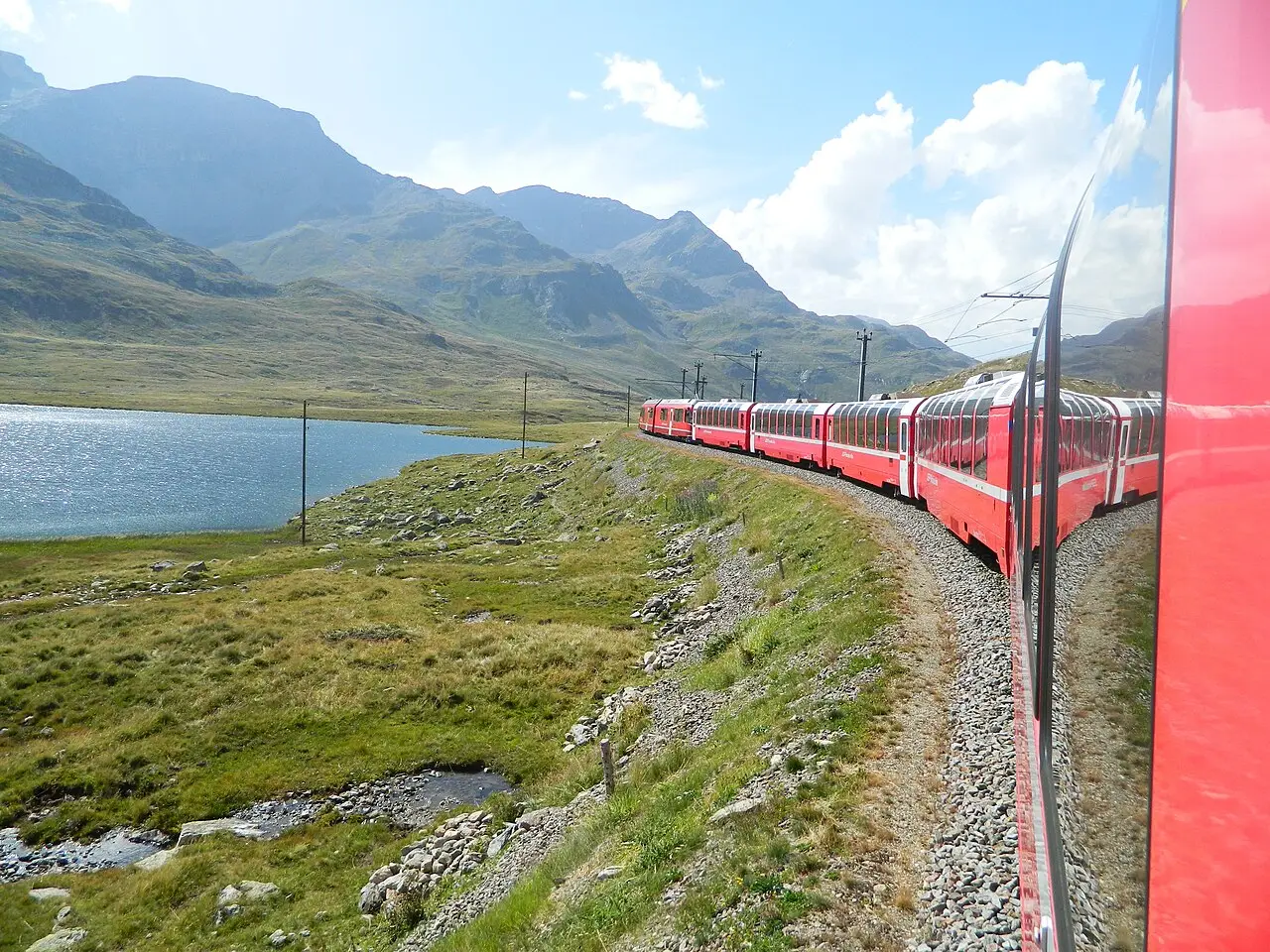 A red train on the Bernina line