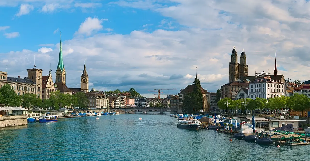 Zurich old town and the Grossmünster along the Limmat