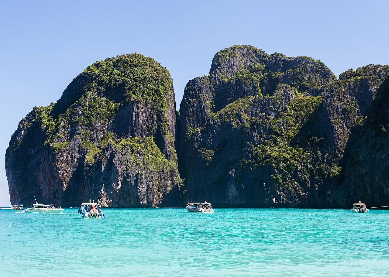 Limestone cliffs rising around Maya Bay